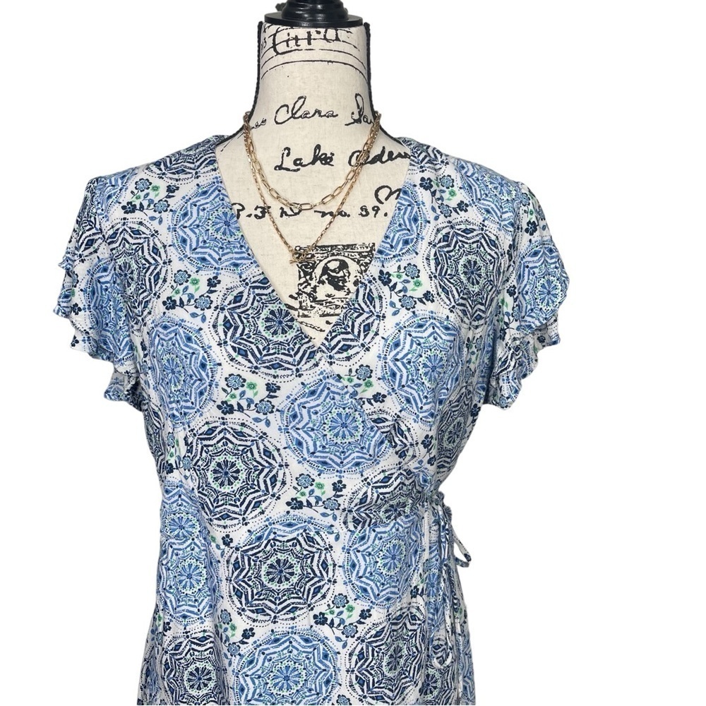 Harper Heritage Floral Design Ruffle Cap Sleeve Wrap Dress Blue - Picture 5 of 14